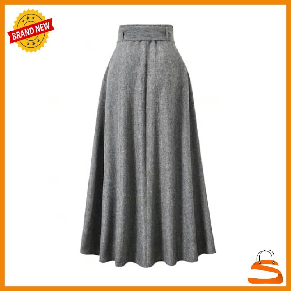 High Waisted Pleated Long Skirt Belted A Line Office Wear - Picture 3 of 6